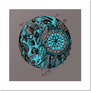 Blue Grey Skull and Dreamcatcher Circle Posters and Art